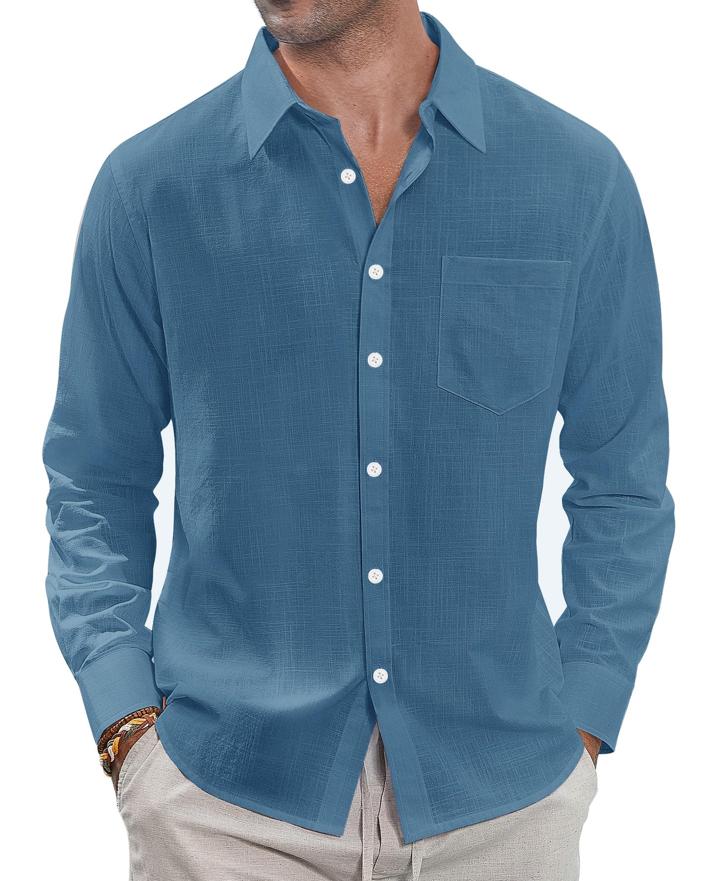 HOTJ.VER Men's Linen Shirts Casual Button Down Long Sleeve Shirt Solid Spread Collar Summer Beach Shirts with Pocket