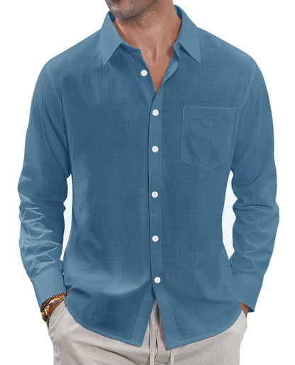 HOTJ.VER Men's Linen Shirts Casual Button Down Long Sleeve Shirt Solid Spread Collar Summer Beach Shirts with Pocket