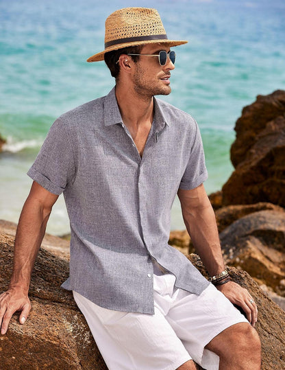 HOTCOOFANDY Men's Linen Shirts Short Sleeve Casual Shirts Button Down Shirt for Men Beach Summer Wedding Shirt