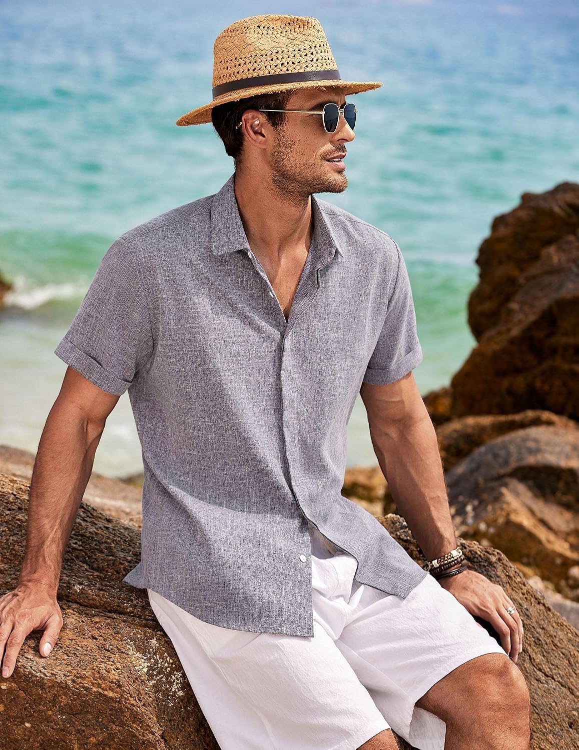 HOTCOOFANDY Men's Linen Shirts Short Sleeve Casual Shirts Button Down Shirt for Men Beach Summer Wedding Shirt