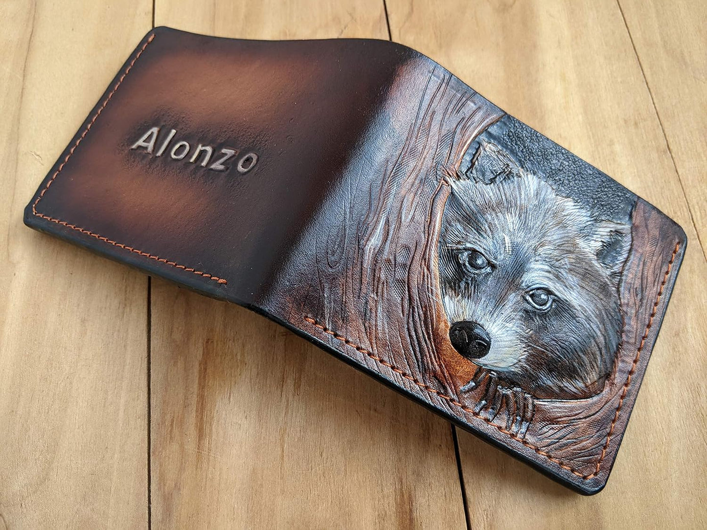 HOTHunting, Raccoon, Coonhunters, Coon Hunter, Men's 3D Genuine Leather Wallet, Handmade wallet, Carved wallet, Tooled wallet, Airbrush Art, Bifold wallet, Custom wallet, Personalized wallet, A(19)