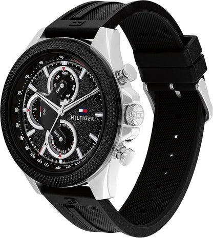 HOTTommy Hilfiger Men's Multifunction Quartz Watch – 46mm Stainless Steel Case, Racing-Inspired Design, 5 ATM Water Resistant, Elegant Modern Timepiece, Gift for Him