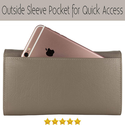 HOTWomen's Top Grain Leather Wallet, RFID Blocking Bifold clutch, 17 Card Slots, Zip Pocket Organizer, Elegant Gift for Women — Birthday, Valentine, Anniversary - TAUPE