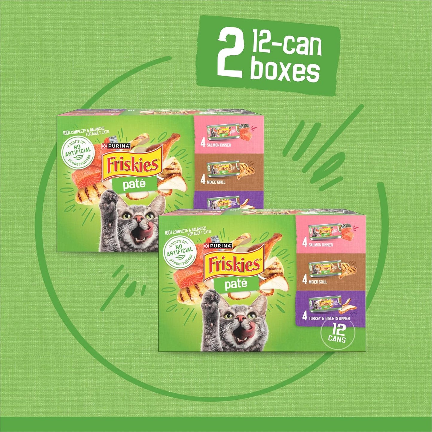 HOTPurina Friskies Wet Cat Food Pate Variety Pack Salmon Dinner, Turkey and Giblets Dinner and Mixed Grill - (2 Packs of 12) 5.5 oz. Cans