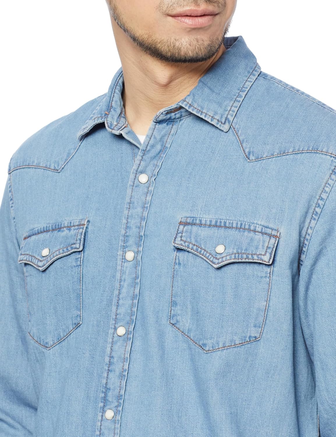 HOTAmazon Essentials Men's Slim-Fit Long-Sleeve Denim Western Style Cotton Shirt with Snap Buttons, Lightweight