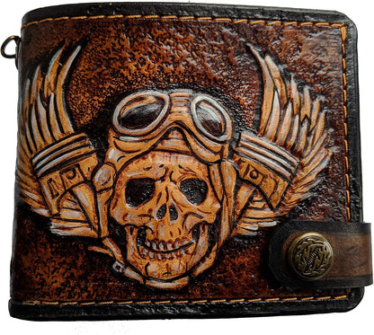 HOTMen's 3D Genuine Leather Wallet, Hand-Carved, Hand-Painted, Leather Carving, Custom wallet, Personalized wallet, Bike wallet, Skull and Wings wallet, Biker wallet