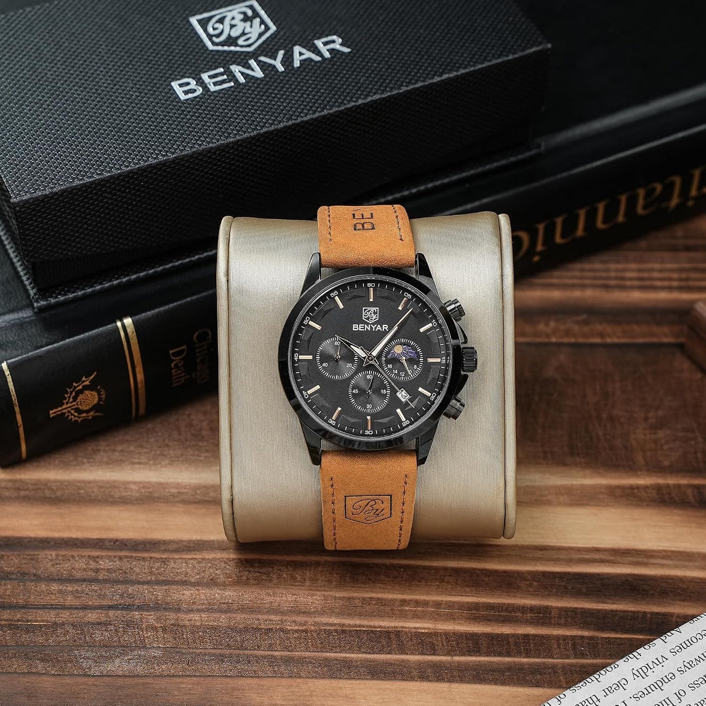 HOTBENYAR Mens Watches Analog Quartz Chronograph Waterproof Wrist Watches for Men Fashion Business Work Casual Sport Designer Dress Watch with Calendar Elegant Gifts for Men