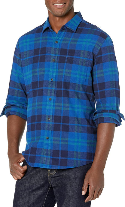 HOTAmazon Essentials Men's Regular Fit Long-Sleeve Flannel Shirt, Soft Brushed Cotton, Lightweight yet Warm