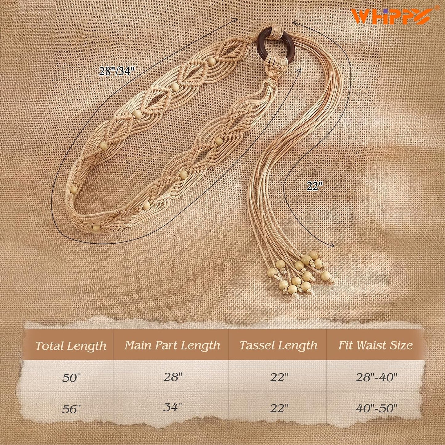 HOTWHIPPY Boho Braided Belt for Women Western Belt With Hand-Woven Wax Rope Country Tassel Belts for Dress, 2" Wide