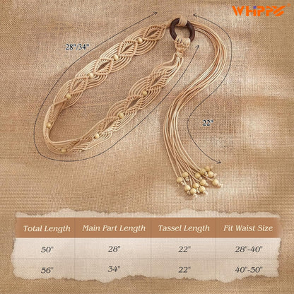 HOTWHIPPY Boho Braided Belt for Women Western Belt With Hand-Woven Wax Rope Country Tassel Belts for Dress, 2" Wide