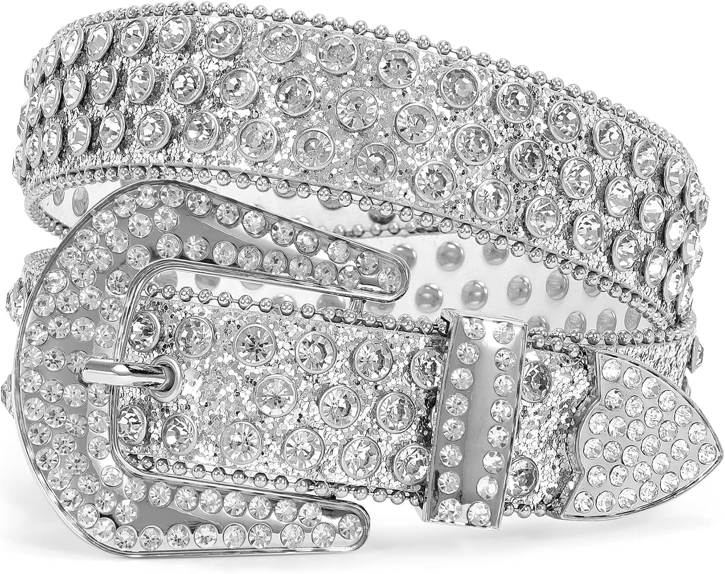 HOTXZQTIVE Cowgirl Bling Studded Leather Belts for Jeans Pants with Rhinestone and Western Silver Buckle, Unisex