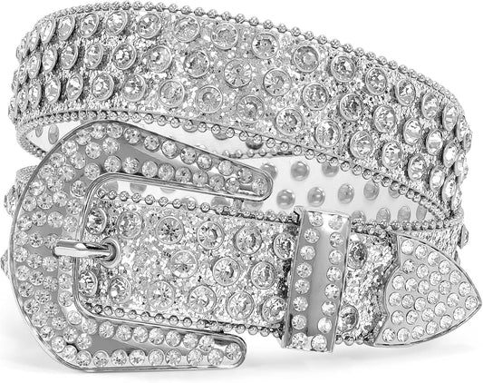 HOTXZQTIVE Cowgirl Bling Studded Leather Belts for Jeans Pants with Rhinestone and Western Silver Buckle, Unisex
