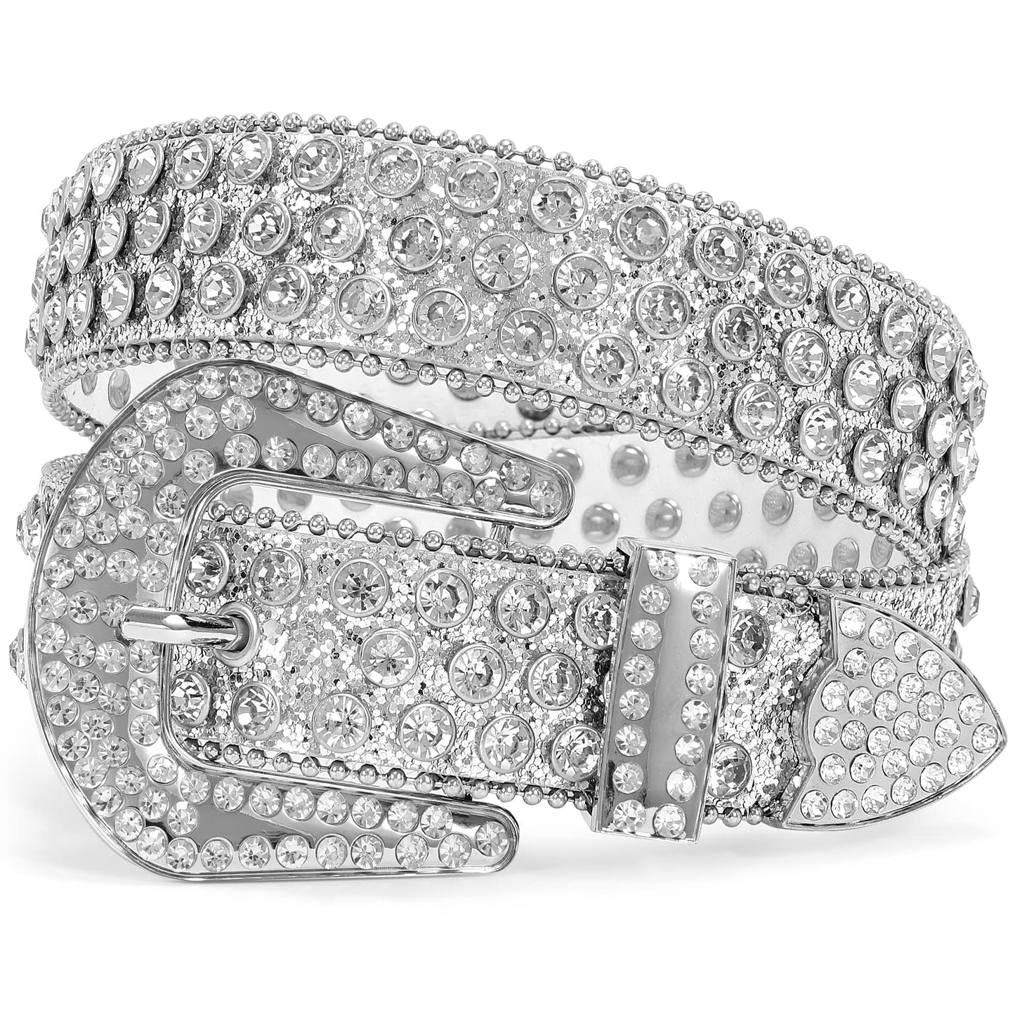 HOTXZQTIVE Cowgirl Bling Studded Leather Belts for Jeans Pants with Rhinestone and Western Silver Buckle, Unisex