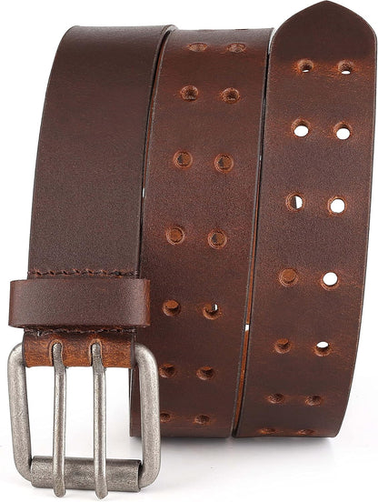 HOTF&L CLASSIC Leather Work Belt, Heavy Duty Double Prong full grain Leather Belts for Men 1 1/2", Mens Casual Belts for Jeans