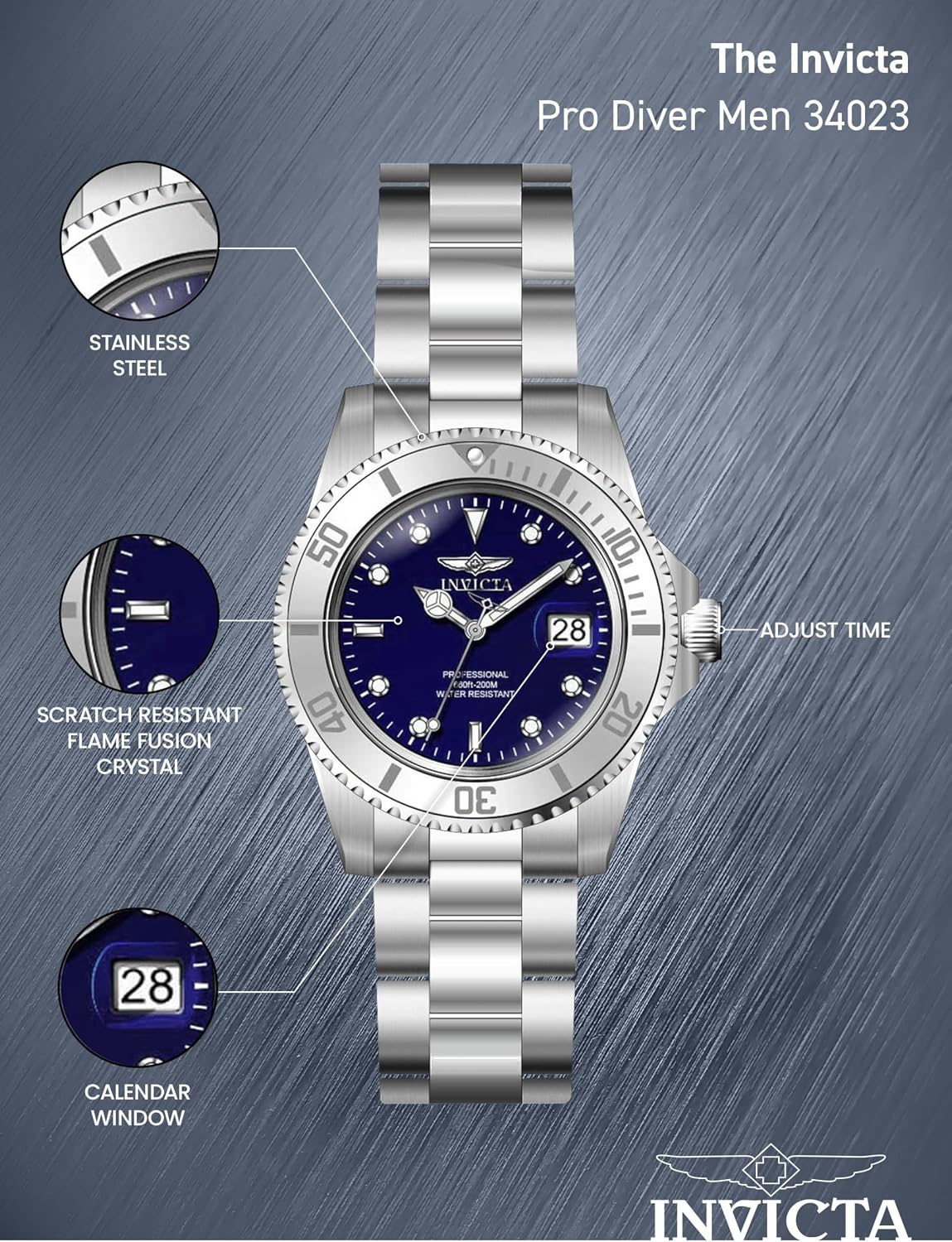 HOTInvicta 40mm Men's Pro Diver Blue Dial Silver Tone Stainless Steel Watch 34023