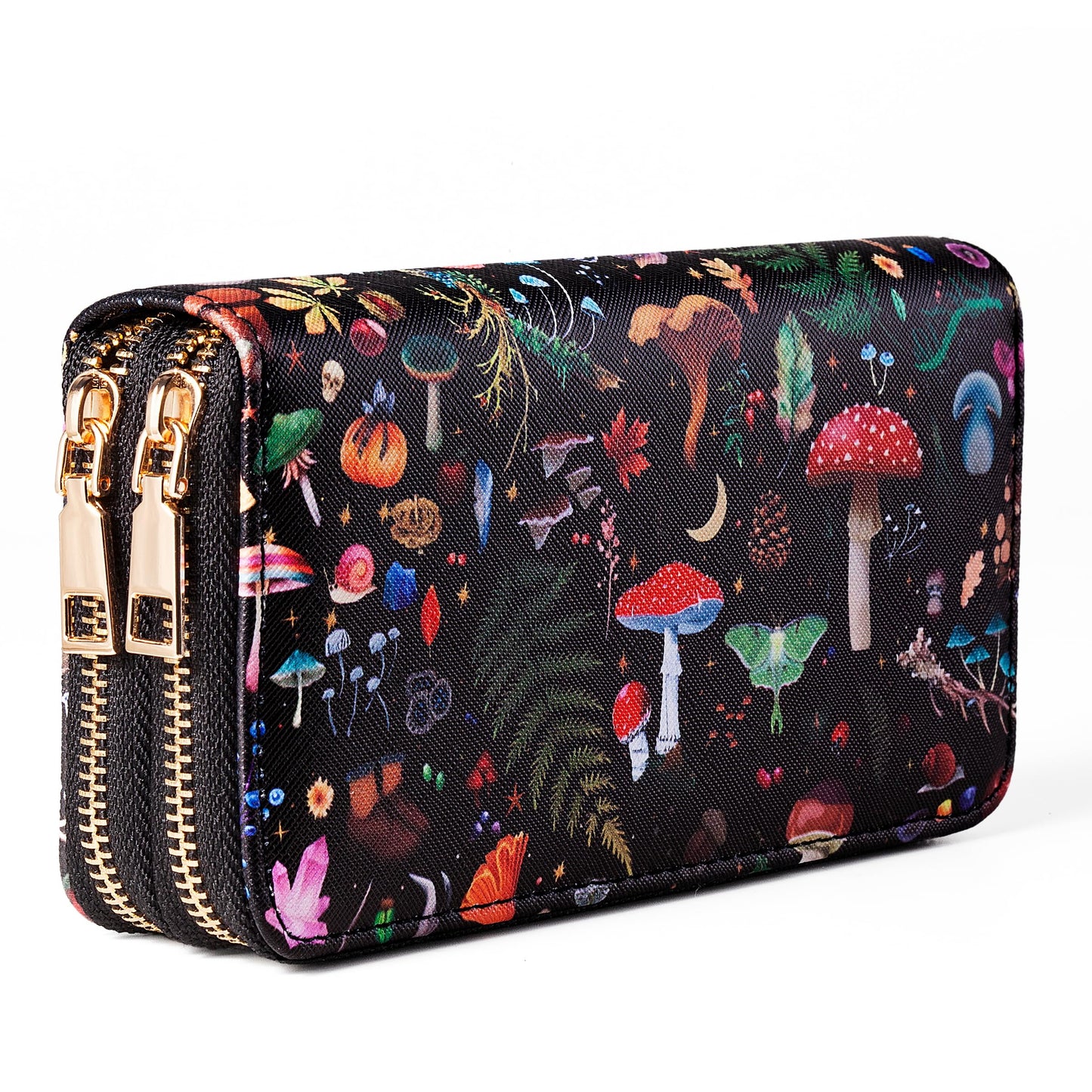 HOTBlack Cat Floral Double Zip Wallet for Women, Cute Kawaii Aesthetic Small Wallet with Card Slots & Coin Pocket, Compact Boho Travel Purse for Cat Lovers