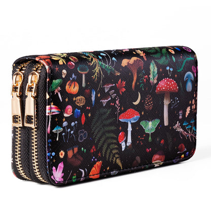 HOTBlack Cat Floral Double Zip Wallet for Women, Cute Kawaii Aesthetic Small Wallet with Card Slots & Coin Pocket, Compact Boho Travel Purse for Cat Lovers