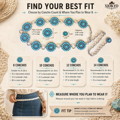 HOTTurquoise Chain Belt for Women, Western Cowgirl Concho Belt | Turquoise Concho Accents with Silver Chains for Western, Cowgirl, Rodeo, Festival and Denim Looks