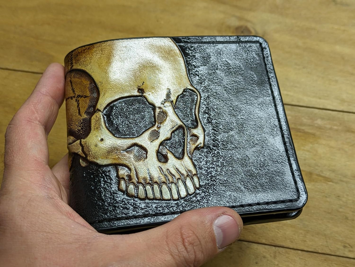 HOTTheodoros Gothic Skull Leather Wallet for Men – Dark Fantasy Skeleton Design – RFID Genuine Leather Bifold Biker Wallet, Embossed, Carved, Tooled & Painted Wallet, Custom Personalized Gift