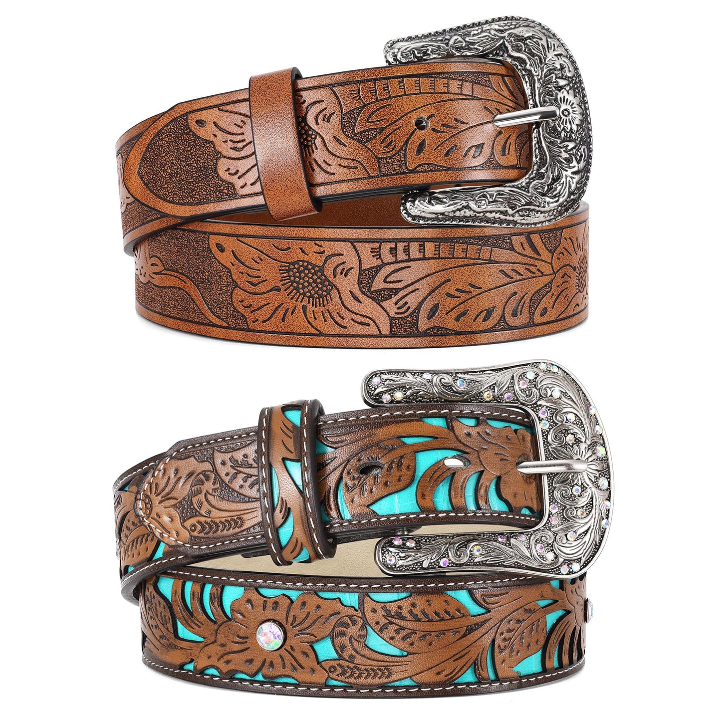 HOTWERFORU 2 Pack Women Western Leather Belts for Jeans Western Belts with Big Buckle Country Belts for Cowgirls
