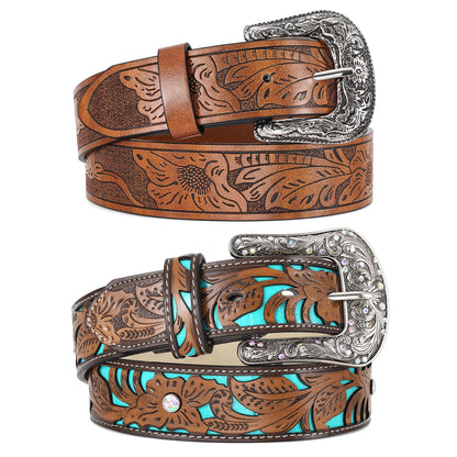 HOTWERFORU 2 Pack Women Western Leather Belts for Jeans Western Belts with Big Buckle Country Belts for Cowgirls