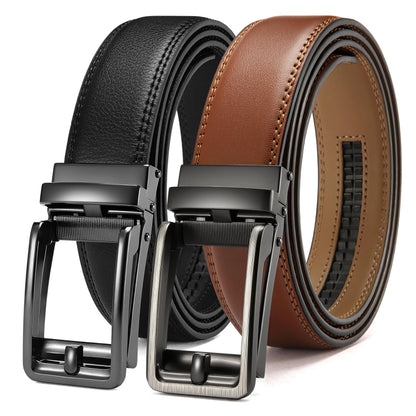 HOTCHAOREN Click Belts for Men 2 Pack - Mens Ratchet Leather Belt 1 3/8" for Dress and Casual - Micro Adjustable Belt Fit