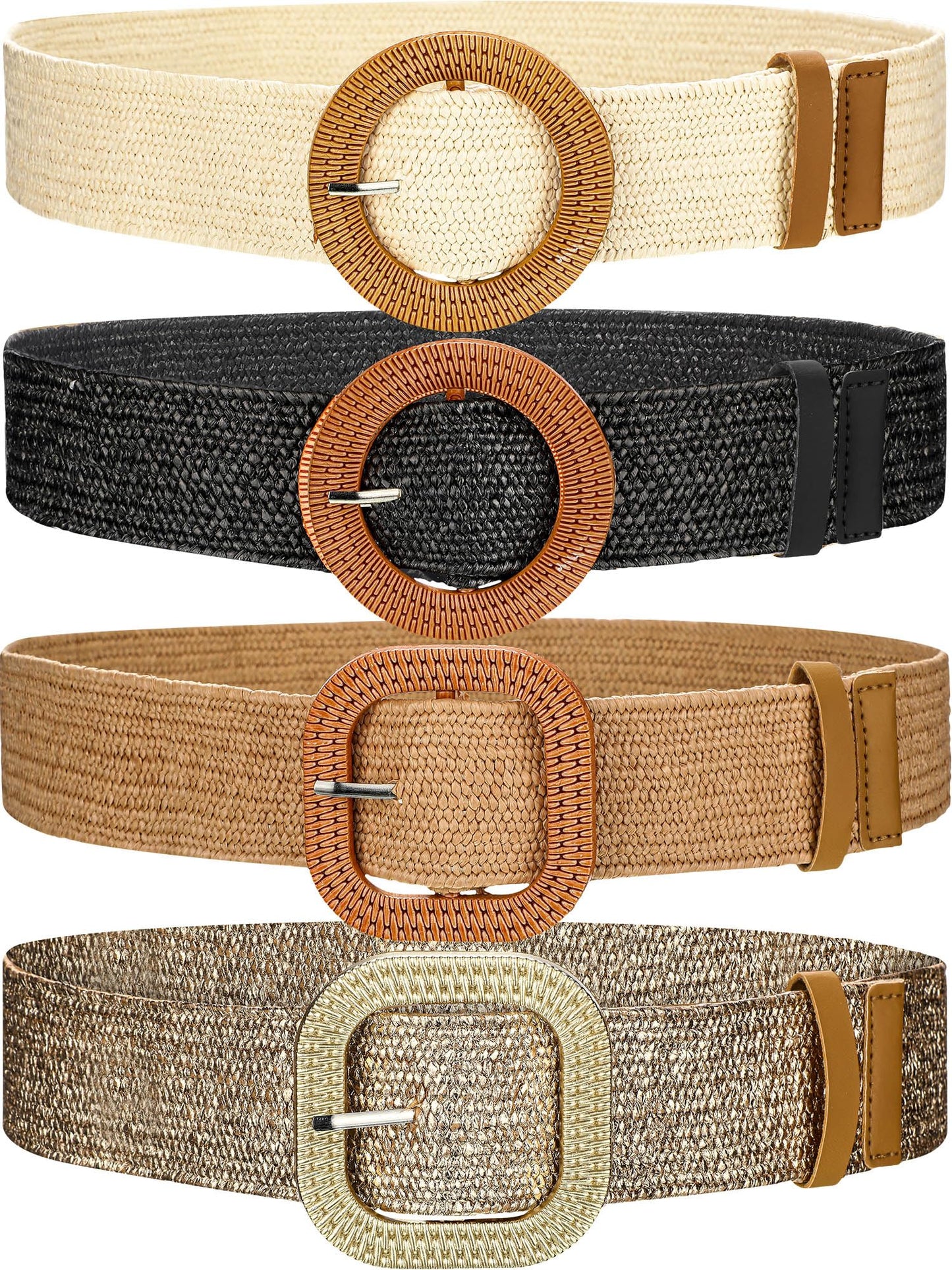 HOTWILLBOND 4 Pcs Women's Elastic Raffia Woven Belt, Boho Rattan Buckle Stretch Straw Wide Waist Belt for Dresses Jeans Pants