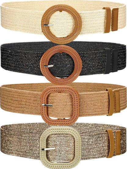 HOTWILLBOND 4 Pcs Women's Elastic Raffia Woven Belt, Boho Rattan Buckle Stretch Straw Wide Waist Belt for Dresses Jeans Pants
