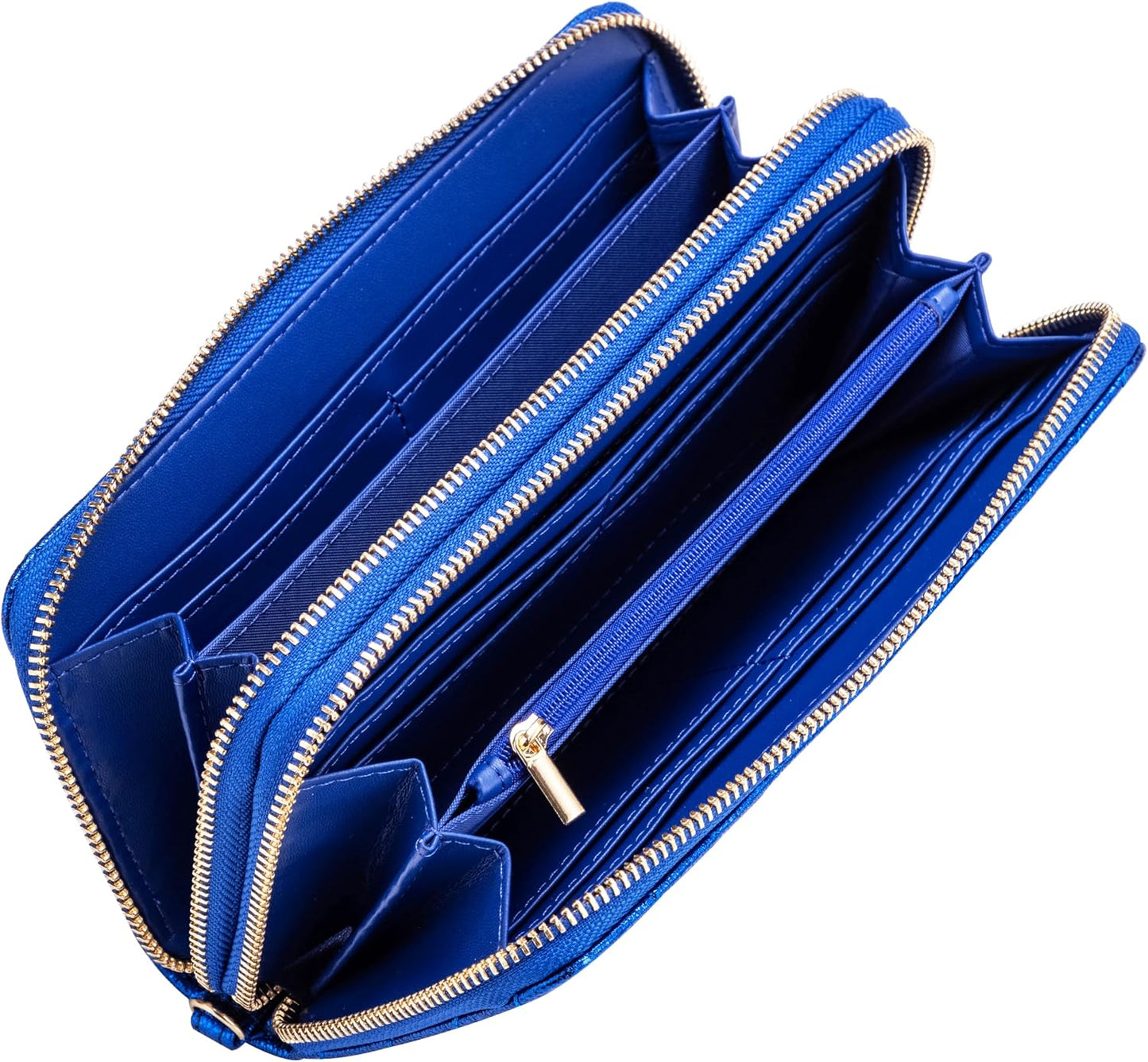 HOTB BRENTANO Vegan Leather Double Zipper Pocket Wallet with Grip Hand Strap (BLUE GLITTER)