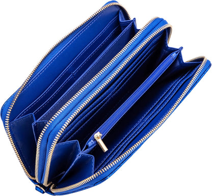 HOTB BRENTANO Vegan Leather Double Zipper Pocket Wallet with Grip Hand Strap (BLUE GLITTER)