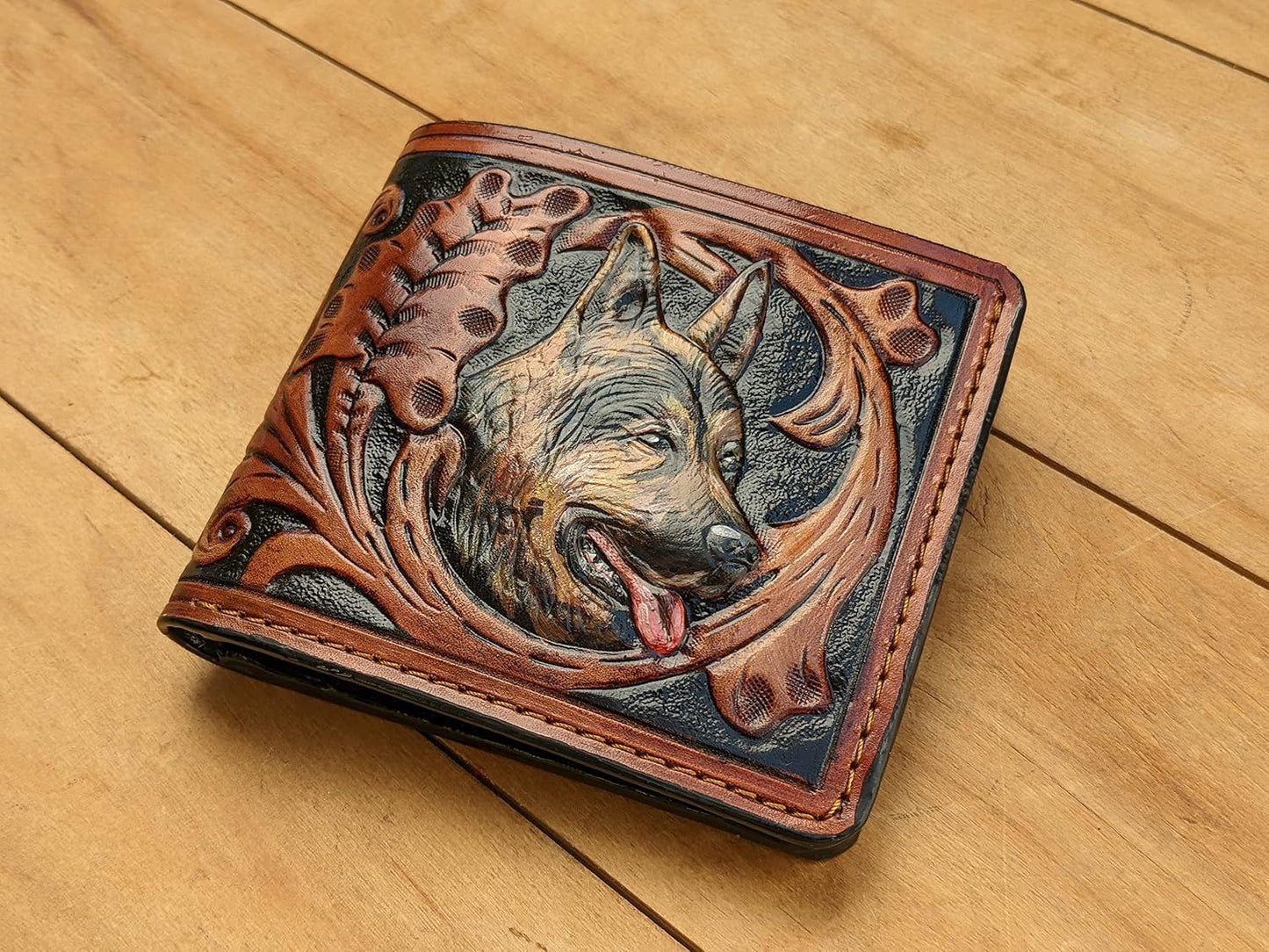 HOTGerman Shepherd, Dog, Puppy, Flower, Men's 3D Genuine Leather Wallet, Handmade wallet, Carved wallet, Tooled wallet, Airbrush Art, Bifold wallet, Custom wallet, Personalized wallet, A(5)