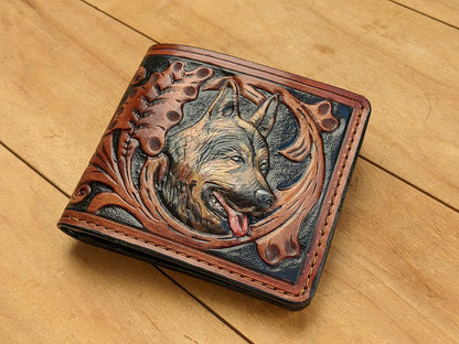 HOTGerman Shepherd, Dog, Puppy, Flower, Men's 3D Genuine Leather Wallet, Handmade wallet, Carved wallet, Tooled wallet, Airbrush Art, Bifold wallet, Custom wallet, Personalized wallet, A(5)