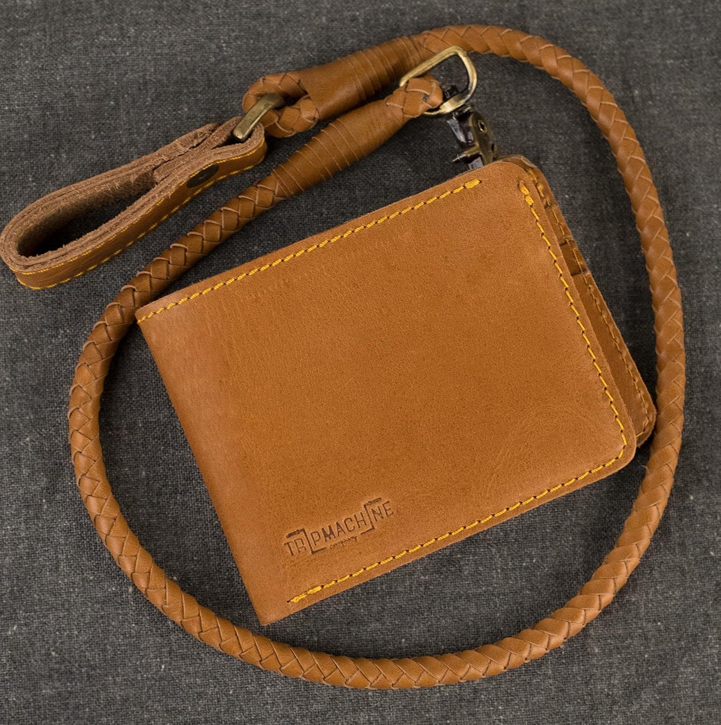 HOTTrip Machine Company Bifold Leather Biker Wallet with Braided Chain – Genuine Leather Motorcycle Wallet, Vintage Wallet with Coin Pocket, Card Slots & Detachable Chain - Vintage Tan Trigger