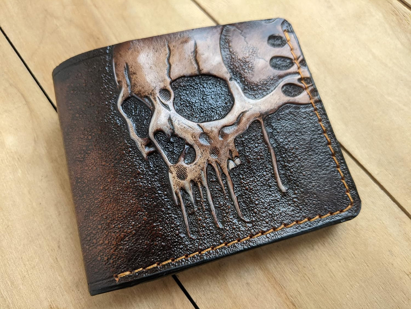 HOTMelting Skull Zombie Skeleton Leather Wallet for Men – Dark Fantasy Skeleton Design – RFID Genuine Leather Bifold Biker Wallet, Embossed, Carved, Tooled & Painted Wallet, Custom Personalized Gift