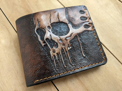 HOTMelting Skull Zombie Skeleton Leather Wallet for Men – Dark Fantasy Skeleton Design – RFID Genuine Leather Bifold Biker Wallet, Embossed, Carved, Tooled & Painted Wallet, Custom Personalized Gift