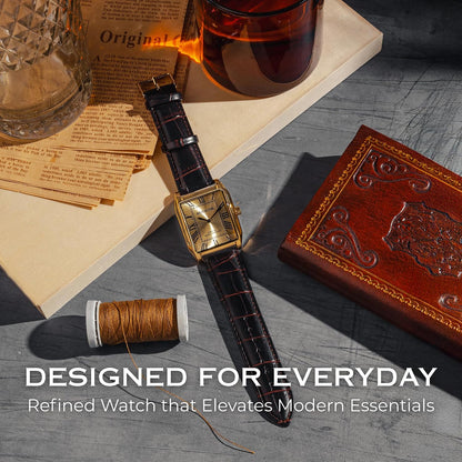 HOTMiykon Vintage Watches for Men – Classic Tank Square Analog Watch with Genuine Leather Wrist Strap, Mens Dress Watches – Japanese Quartz, Waterproof to 100ft
