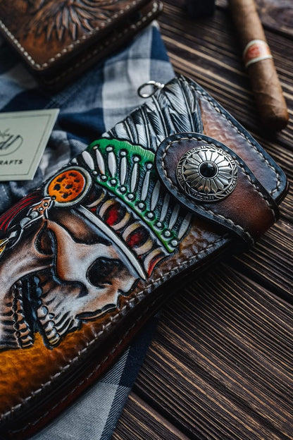 HOTMen's 3D Genuine Leather Wallet, Long wallet, Biker wallet, Hand-Carved, Hand-Painted, Leather Carving, Custom wallet, Personalized wallet, Indian Skull, Skeleton, Red Man, Native American