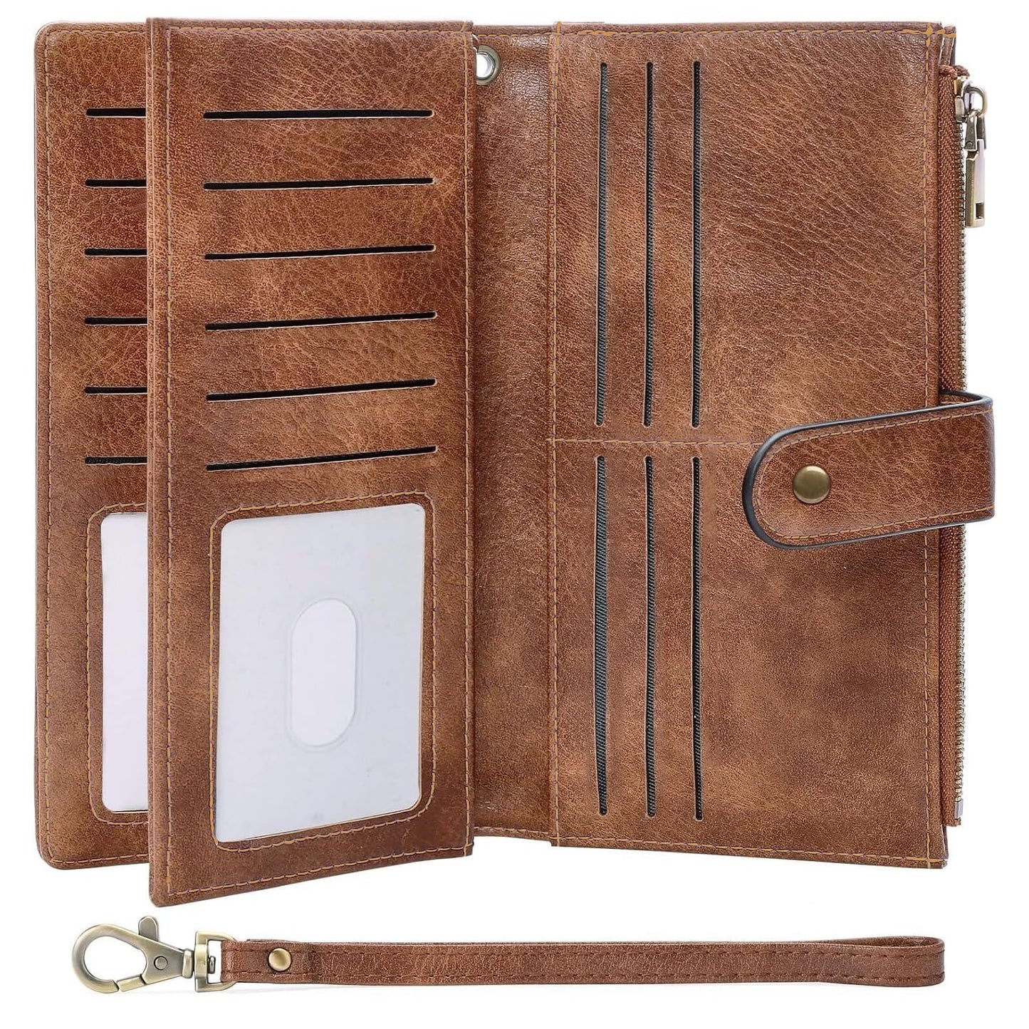 HOTGOIACII Large Wallet for Women Leather Wristlet Brown | RFID Blocking, Multi-card Slots, Detachable Wrist Strap, Trifold Clutch Purse