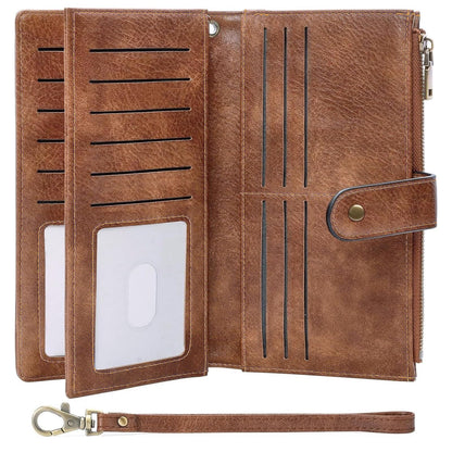 HOTGOIACII Large Wallet for Women Leather Wristlet Brown | RFID Blocking, Multi-card Slots, Detachable Wrist Strap, Trifold Clutch Purse