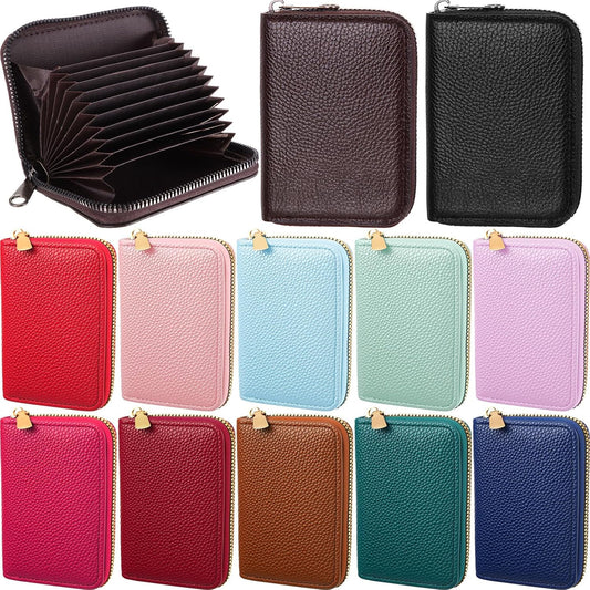 HOTSanwuta 12 Pcs RFID Blocking PU Leather Wallet Zipper Credit Card Wallet Small Business Accordion Card Cases Holder ID Hard Case for Women Men, Multicolor, 11 Pockets (Stylish Colors)