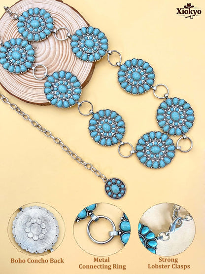 HOTTurquoise Chain Belt for Women, Western Cowgirl Concho Belt | Turquoise Concho Accents with Silver Chains for Western, Cowgirl, Rodeo, Festival and Denim Looks
