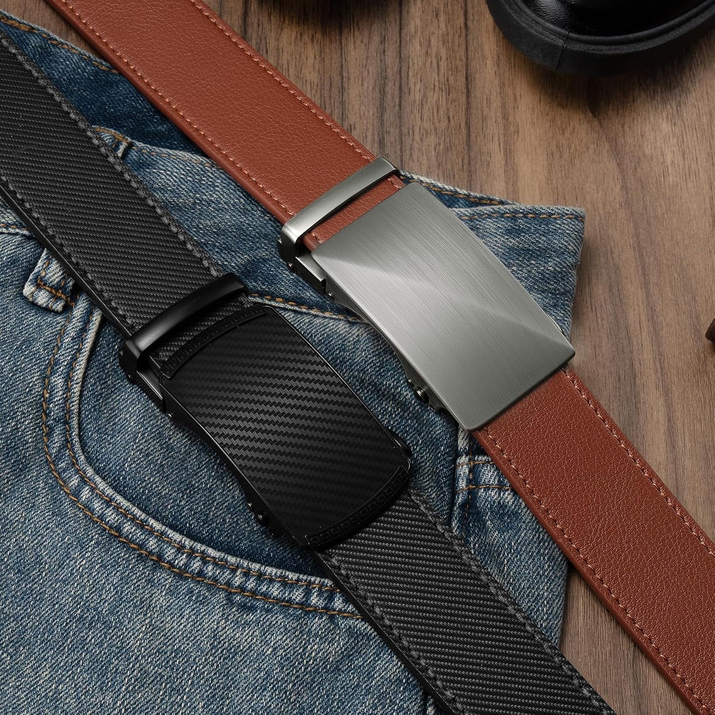 HOTZitahli Ratchet Belt for Men - 2 Packs Leather Mens belt For Gift Men Dress and Casual,Trim to Fit
