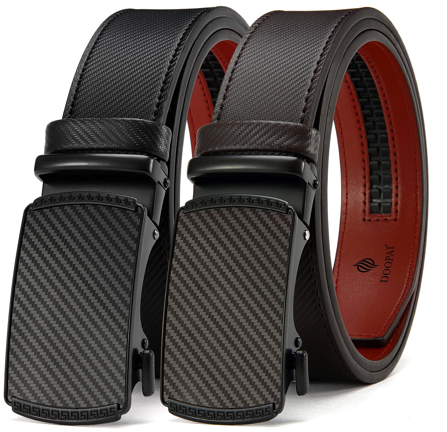 HOTDOOPAI Men's 2 Pack Ratchet Dress Belt - Adjustable 1 3/8" Genuine Leather, Size Length Can Be Cut, With Gift Box