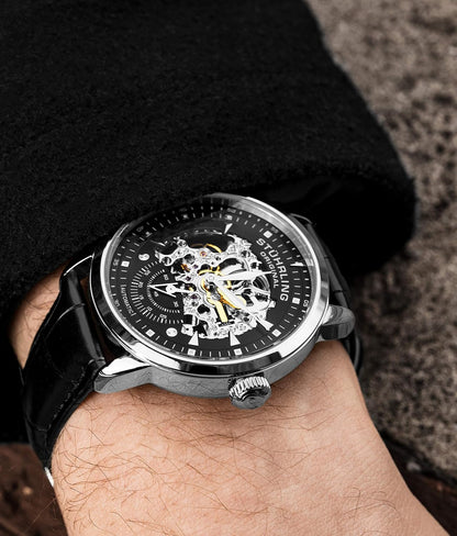 HOTStuhrling Original Mens Automatic Watch Skeleton Watches for Men - Black Leather Watch Strap Mechanical Watch Silver Executive Watch Collection (Black)