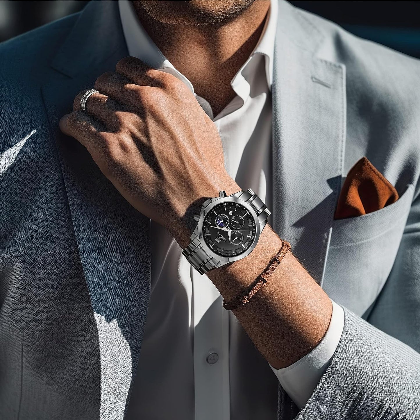 HOTBENYAR Mens Watches Analog Quartz Chronograph Waterproof Wrist Watches for Men Fashion Business Work Casual Sport Designer Dress Watch with Calendar Elegant Gifts for Men