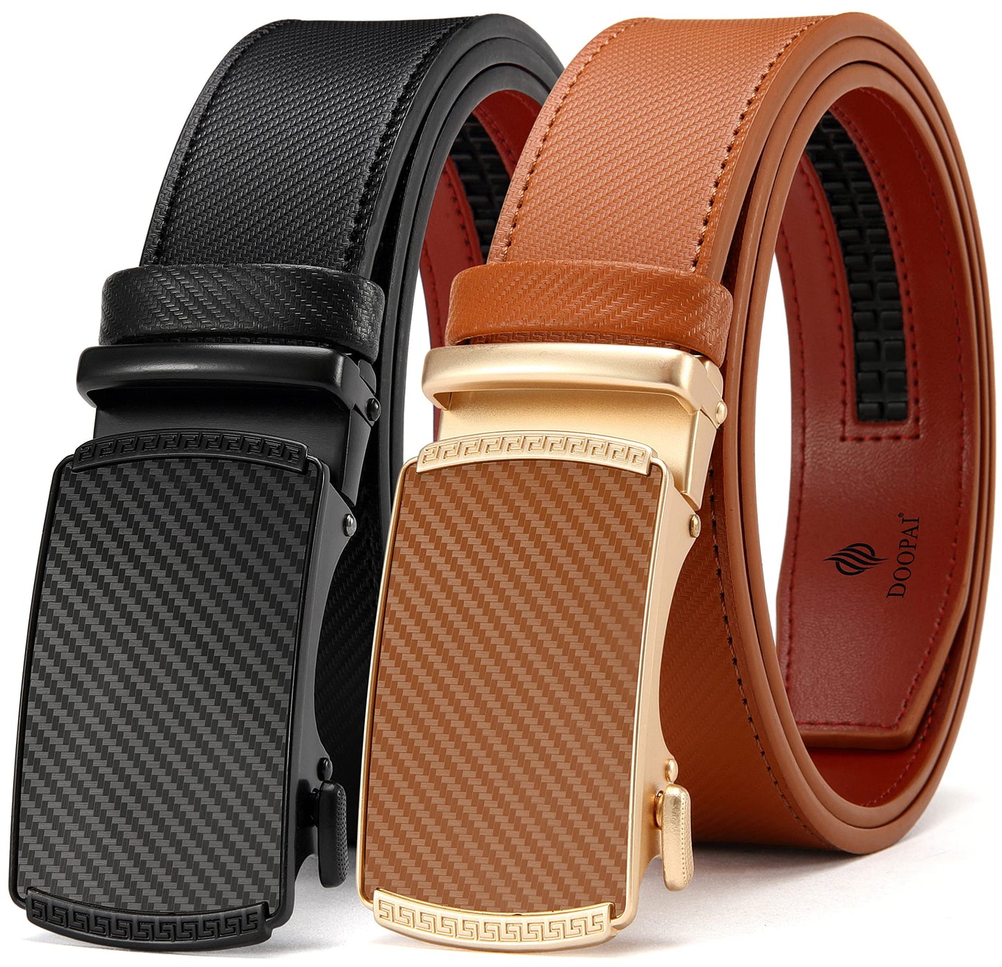 HOTDOOPAI Men's 2 Pack Ratchet Dress Belt - Adjustable 1 3/8" Genuine Leather, Size Length Can Be Cut, With Gift Box