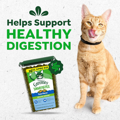HOTGreenies Feline Smartbites Healthy Indoor Cat Treats, Tuna, 16 oz | Veterinarian-recommended, Fiberblend Formula, supports digestion, under 2 cal per treat, natural ingredients, dual texture