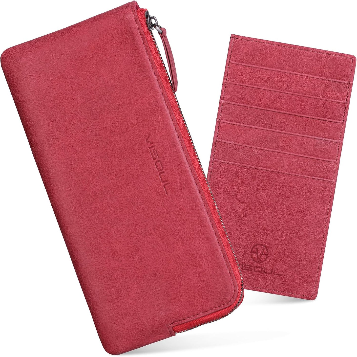 HOTVISOUL Long Zipper Cash Wallet for Women with Removable Credit Card Holder, Soft Genuine Leather Clutch Wallet-Light Red