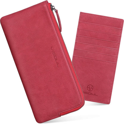 HOTVISOUL Long Zipper Cash Wallet for Women with Removable Credit Card Holder, Soft Genuine Leather Clutch Wallet-Light Red