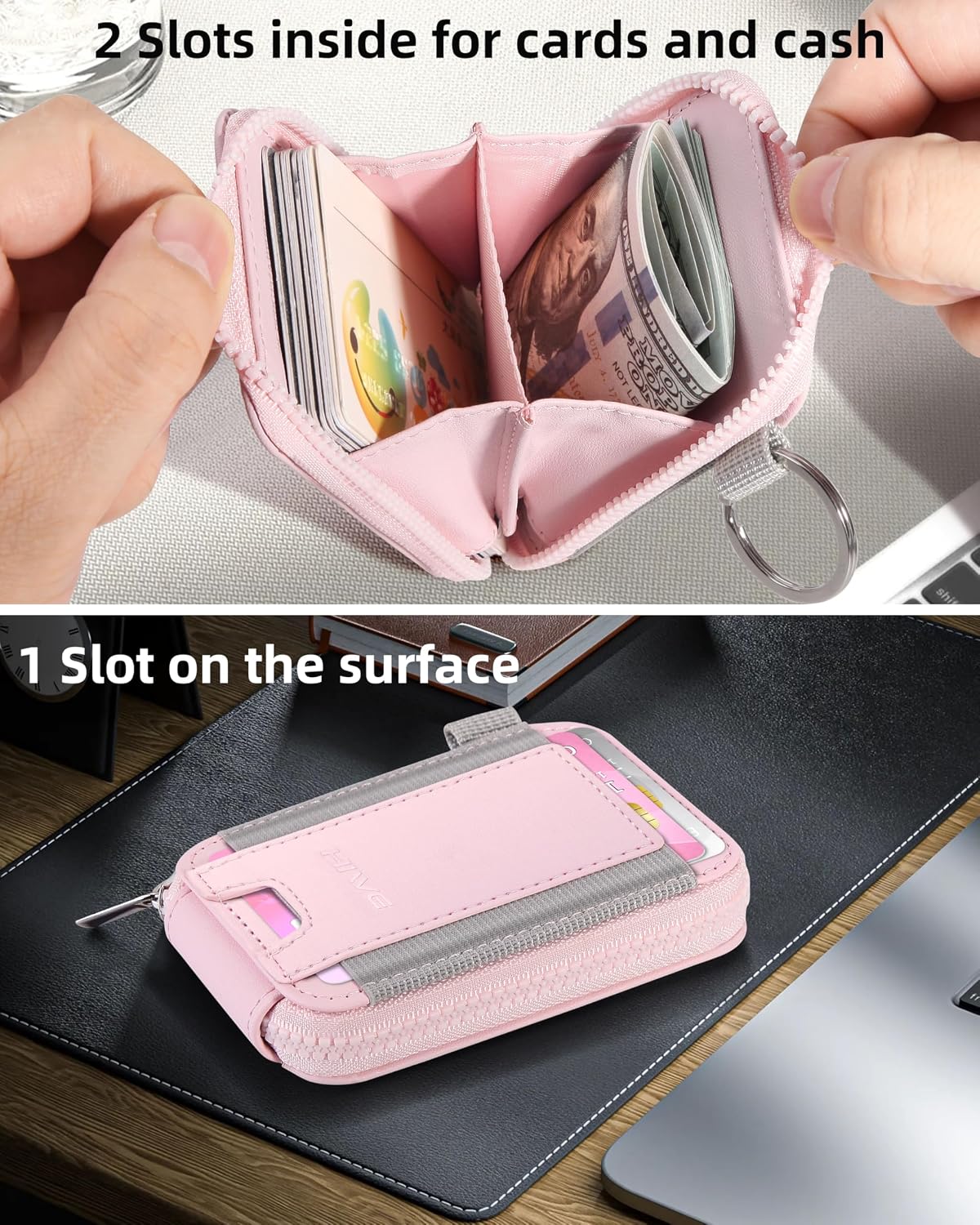 HOTSmall Wallet for Women with Rechargeable Find My Tracker Built-in, Zipper Accordion Credit Card Holder with Keyring, Anti-loss Fashion Minimalist Slim, Pink